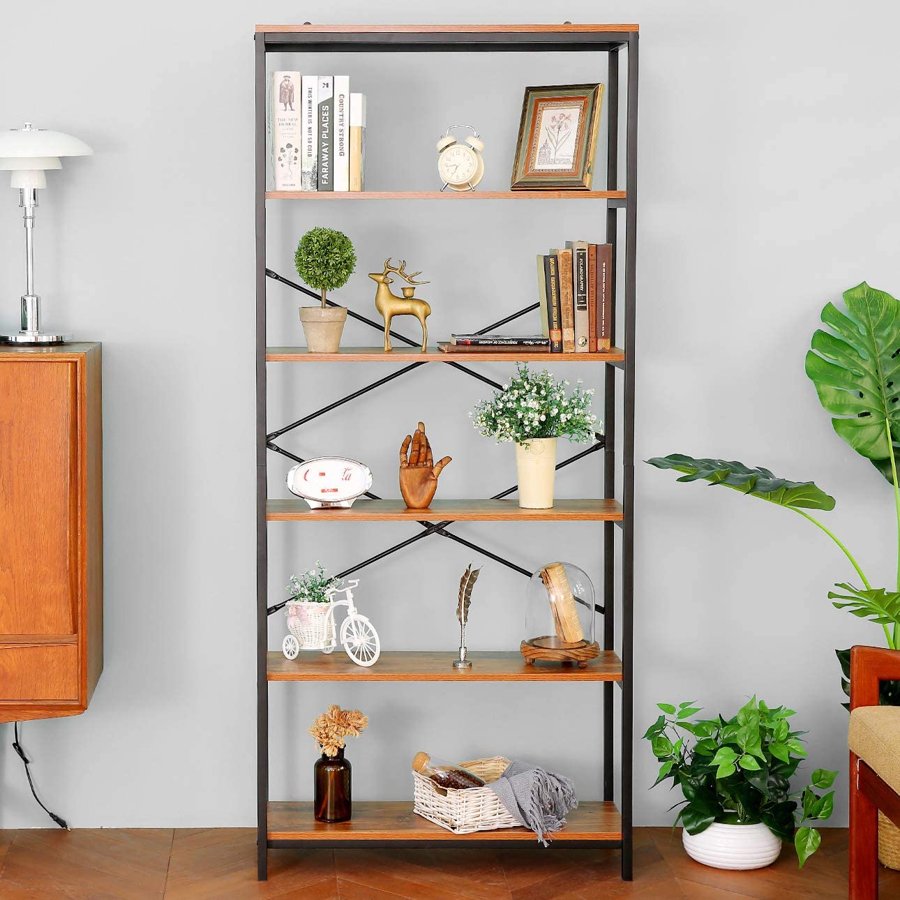 5 Shelf Bookcase Metal and Wooden Bookshelves For Home -  -